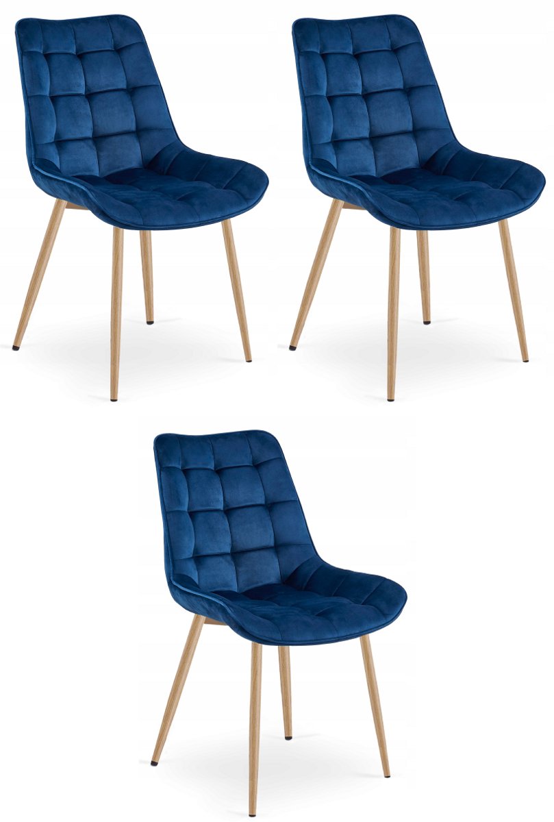 Oskar Set van 3 Eetkamerstoelen BERA – Donkerblauw Velvet / Fluweel – Gestoffeerde Zitting – Metalen Poten in Eikenlook – Modern Scandinavisch Design – Voor Eetkamer, Keuken en Woonkamer