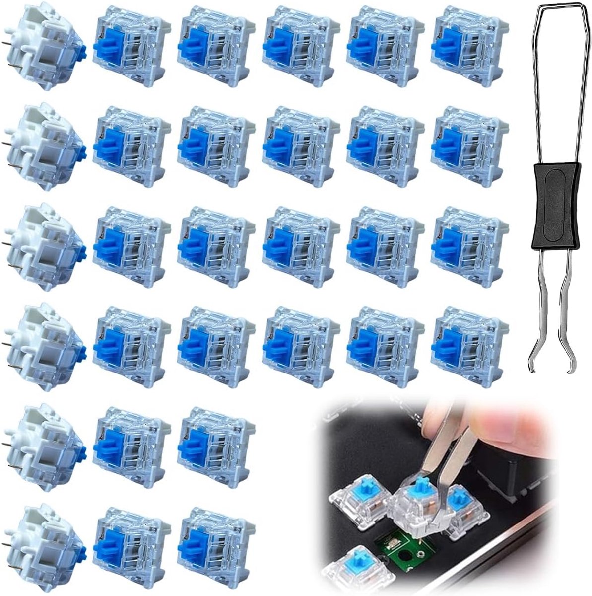 30 stuks mechanische toetsenbordschakelaars met blauwe handgreep, transparante blauwe schacht, vervangende schakelaar - ShopVlot