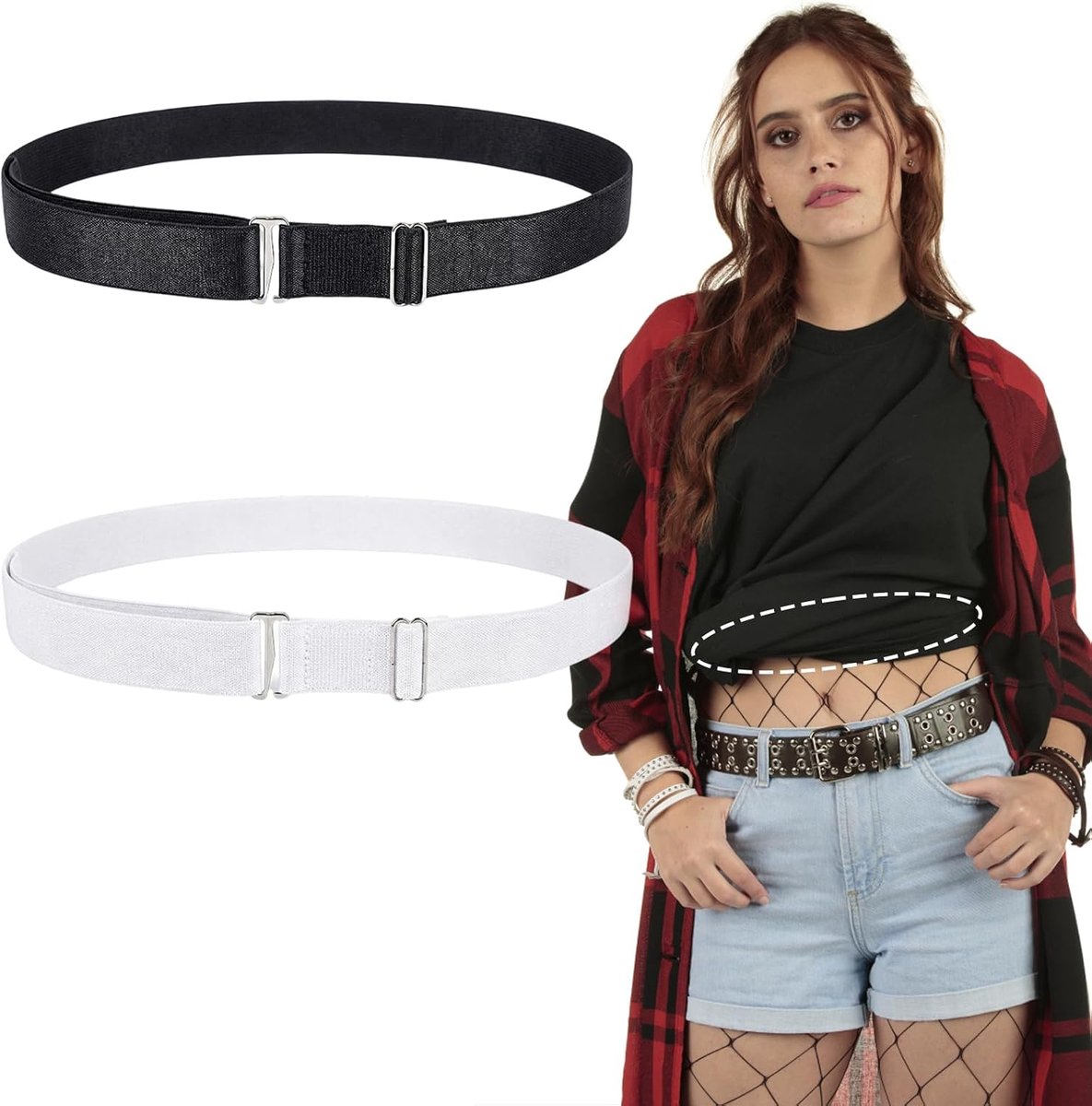 2 stuks elastische damesriem, verstelbare riem zonder gesp voor dames, met platte gesp voor elke look, tailleriem voor - ShopVlot