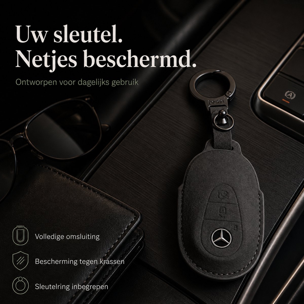 Zirkle Mercedes-Benz Autosleutel Hoesje Type F Zwart – Luxe Leren Sleutelcover met Ring en Sleutelhanger – Beschermhoes voor Mercedes A B C E S Klasse GLA GLB GLC GLK – Krasbestendige 3D Key Case – Premium Auto Sleutel Accessoire