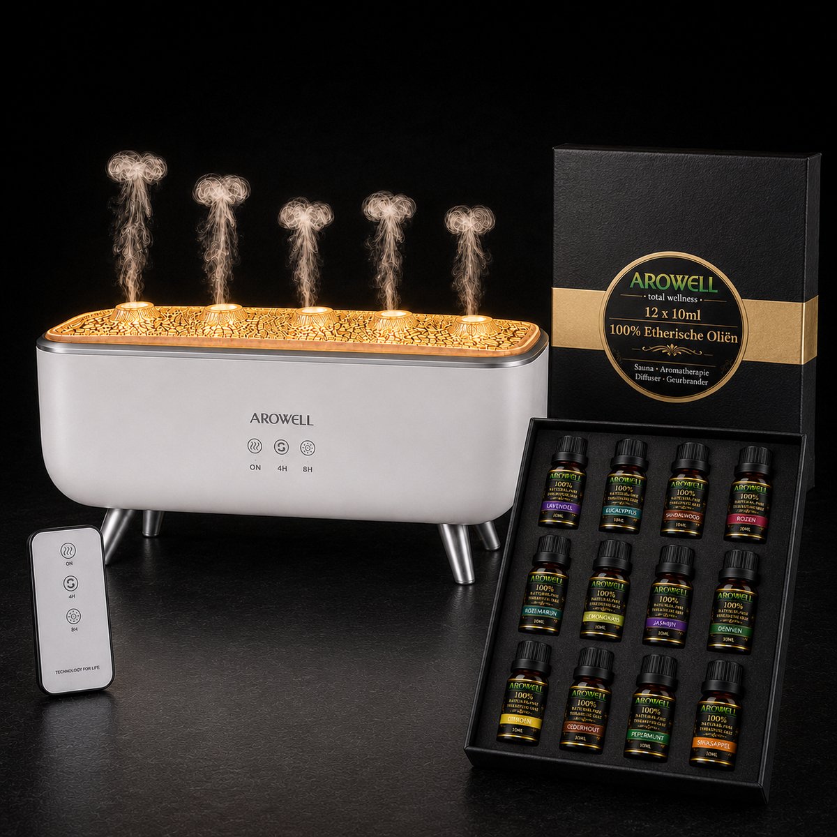 Arowell Aroma Diffuser met Kwalleneffect – 250 ml – 7 Kleuren – Geluidsreactief – Timer & Afstandsbediening – Inclusief 12 Etherische Oliën