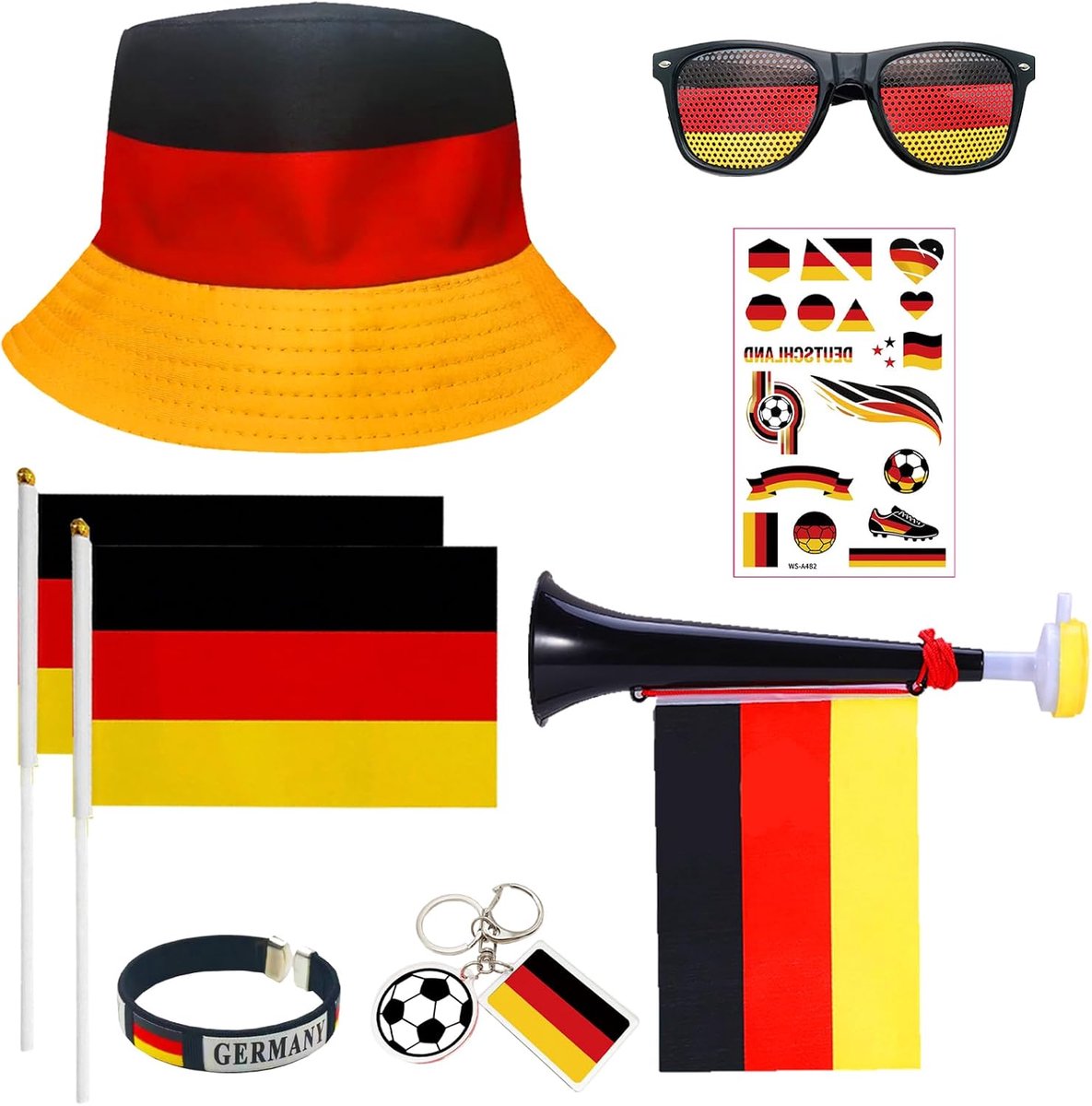 LUKIUP Germany Fan Items World Cup 2026 Set, Football Fan Party Equipment with Bucket Hat, Fan Goggles, Flags, Horn - ShopVlot