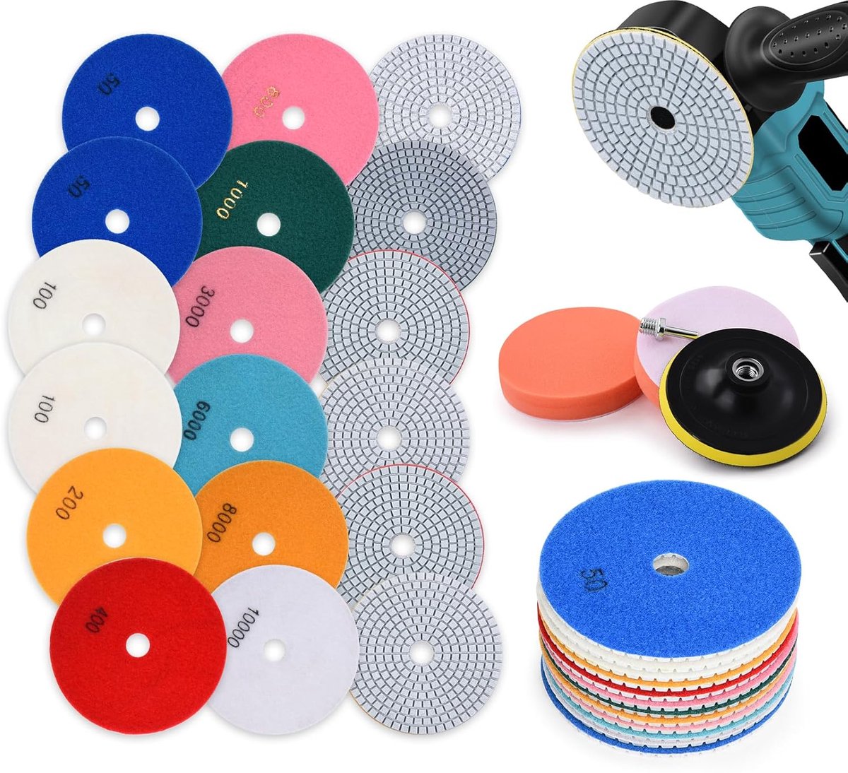 Pack of 16 100 mm Diamond Polishing Discs Including M14 Rubber Backing Disc Wool Felt Foam Polishing Pad 8 mm Drill - ShopVlot