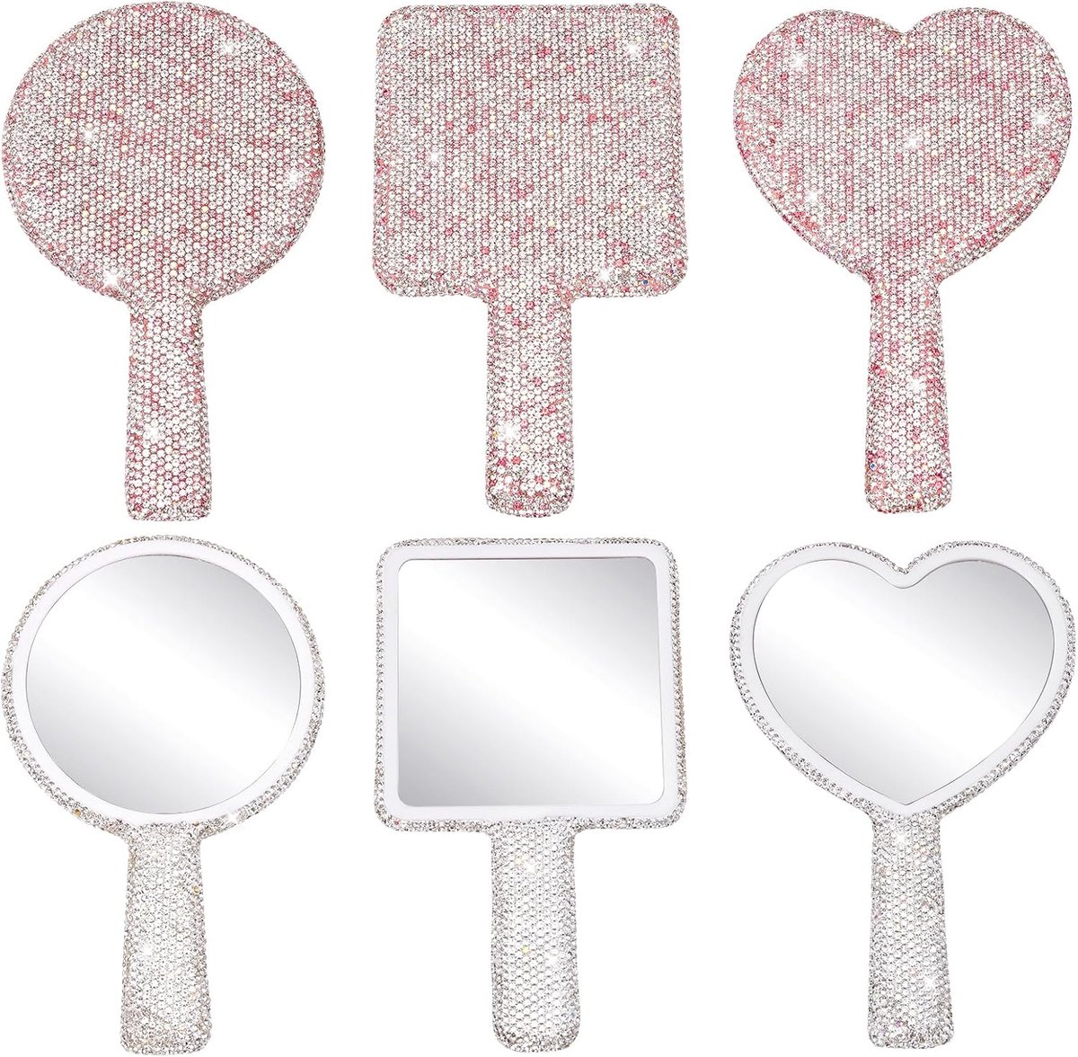 6 stuks glinsterende strass handspiegel, bling glitter draagbare cosmetische handspiegel met handvat, vierkante ronde - ShopVlot