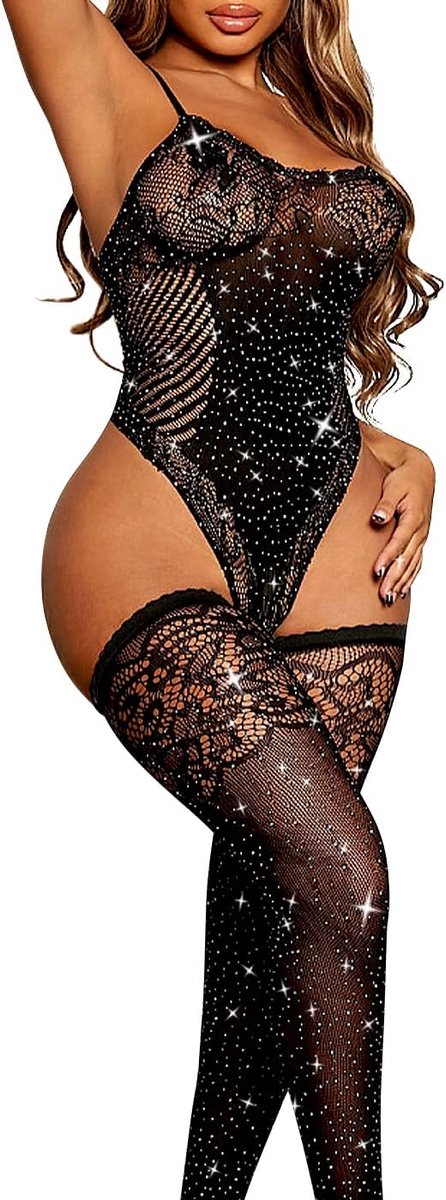Lingerieset Mesh Teddy - Zwart - Met Strass Steentjes - Verleidelijk Nachtkleding - ShopVlot