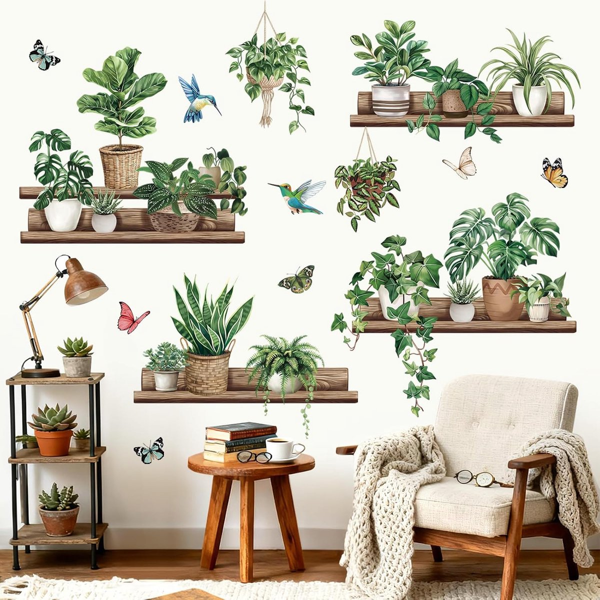Wandstickers planten met vlinders - zelfklevend PVC - duurzaam en waterproof - voor woon- en slaapkamer - ShopVlot