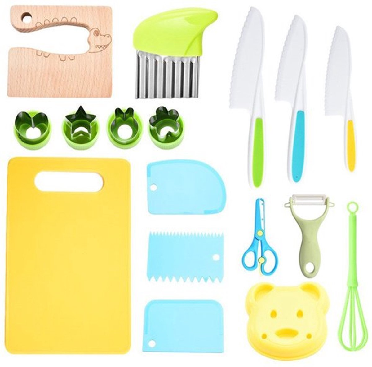 17-delige keukenspeelgoedset voor kinderen, geschikt voor het snijden en koken van fruit en groenten, inclusief kindveilige keukenmessen, geschikt voor peuters.