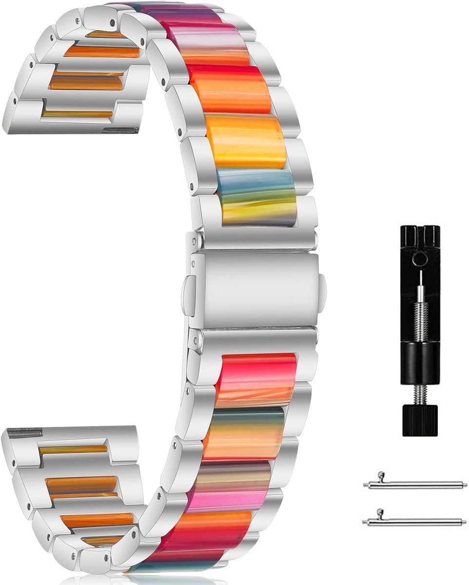 Horlogeband 18 mm - zilver en regenboog - vervangende metalen en kunststof armband - geschikt voor mannen en vrouwen - ShopVlot