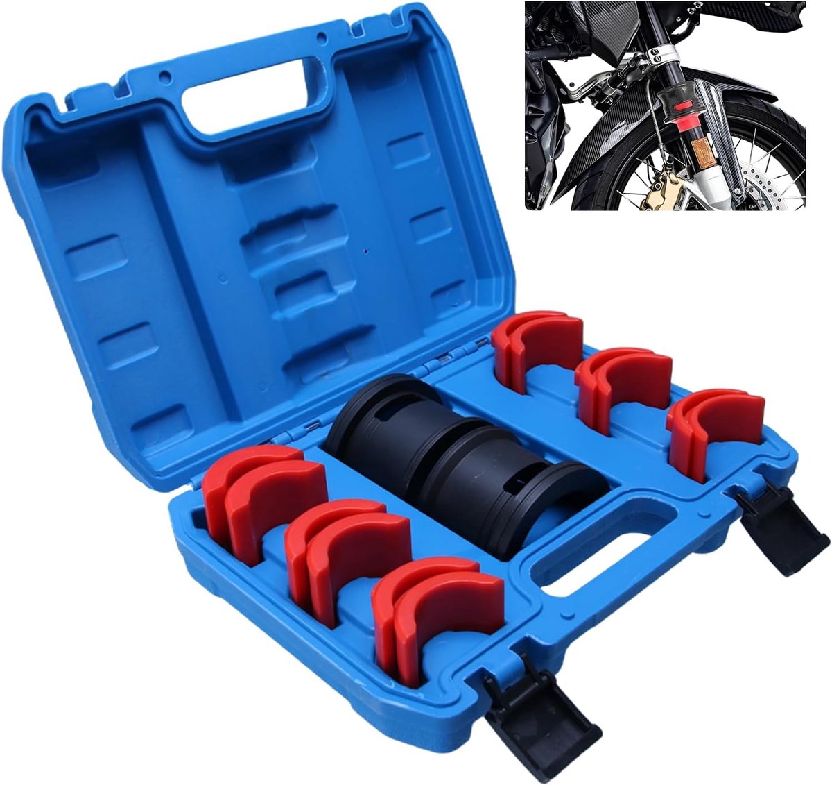 Vorkafdichtstripper 35-50 mm - universele gereedschapsset - 6 plastic adapters - geschikt voor motorfietsen - ShopVlot