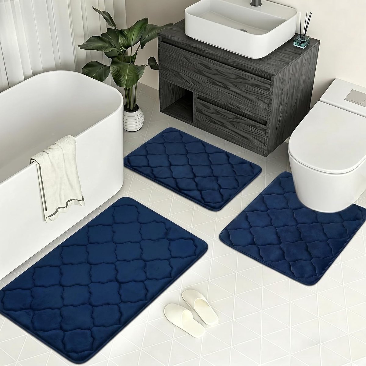 Badmatten antislip - traagschuim - absorberend - zacht en comfortabel, marineblauw, 3 stuks - ShopVlot
