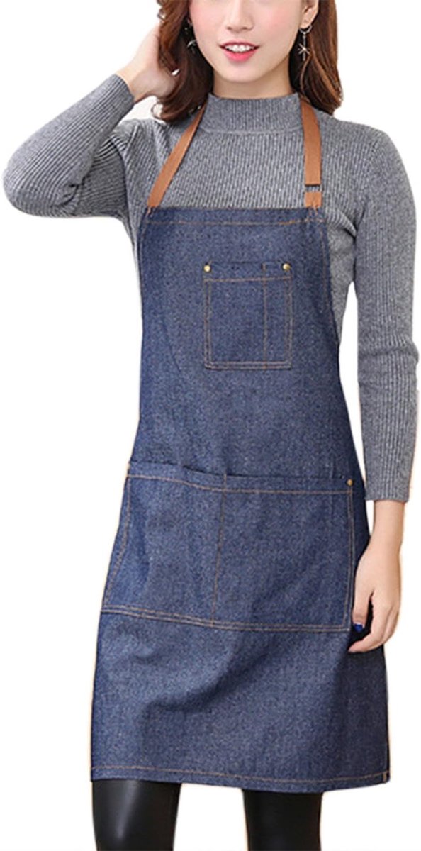 Denim Schort 71 x 65 cm - Blauw - Verstelbare Bib Met Drie Zakjes - Ideaal Voor Koken Of Creatieve Klussen - ShopVlot