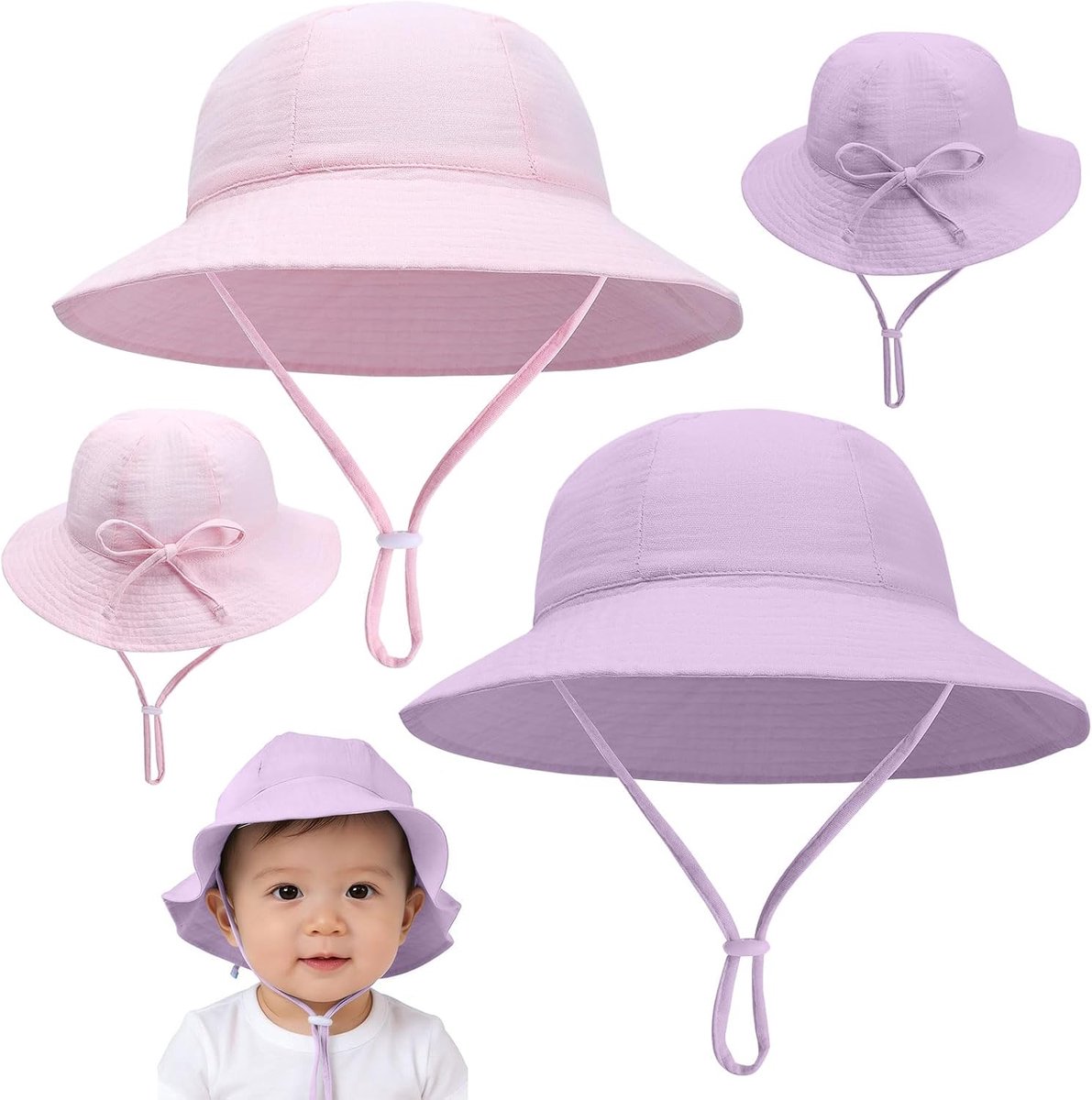 Risipu 2 x Baby Sun Hats Soft Cotton Fishing Hats with Adjustable Back Strap and Chin Strap for Newborns from 0 to 24 - ShopVlot