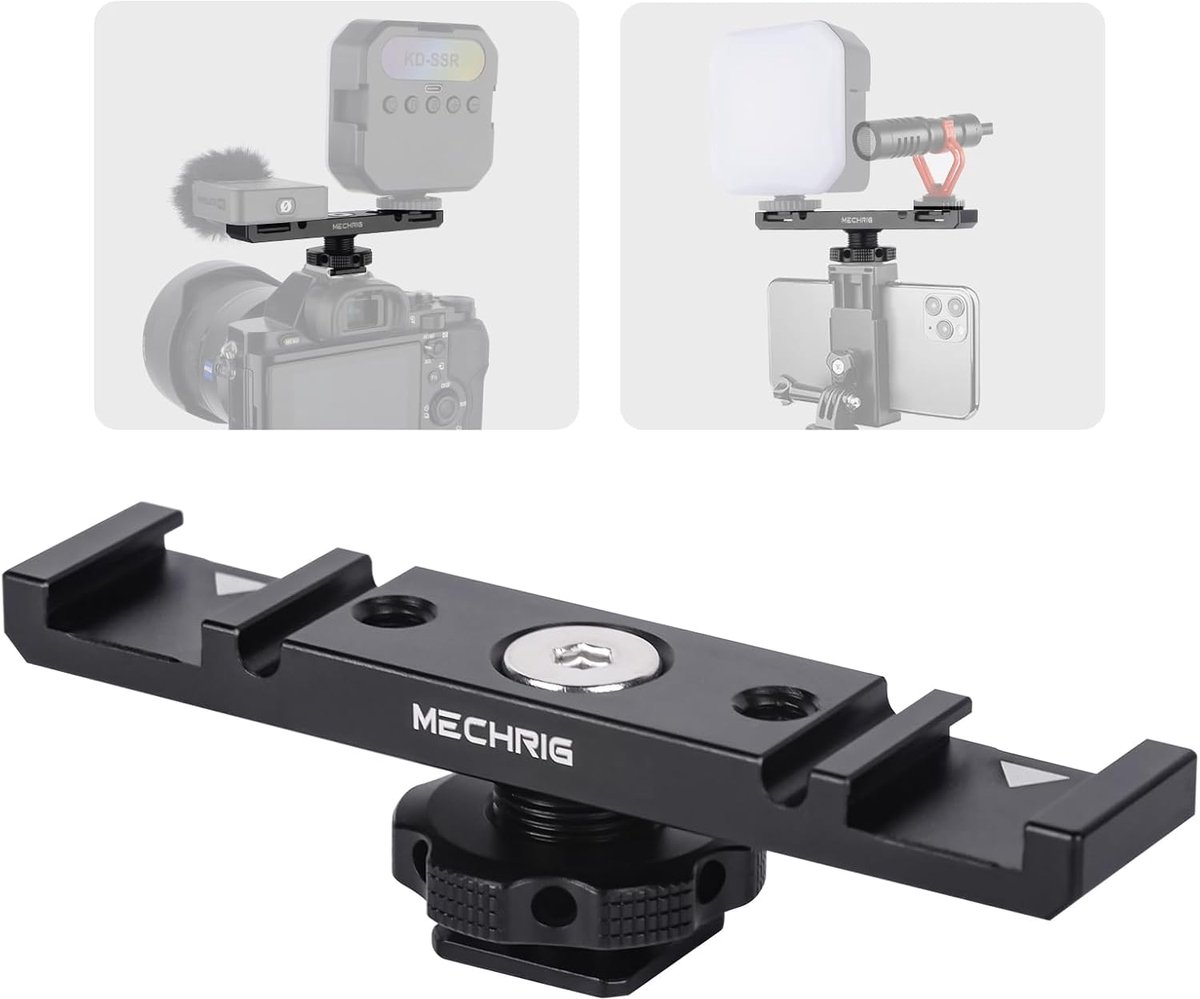 Double Cold Shoe Extension Bar Mount, Aluminum Dual Hot Shoe Mount Bracket with 1/4" Wire & Cable Slot, Cold Shoe - ShopVlot