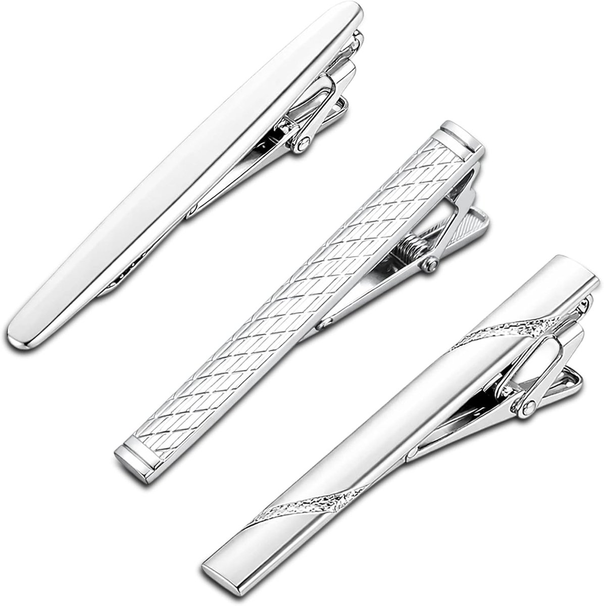 Men's Tie Clips Set of 3 Silver 3 Patterns Tie Clip Smooth Textured and Decorative Line Metal Tie Clip for Business - ShopVlot