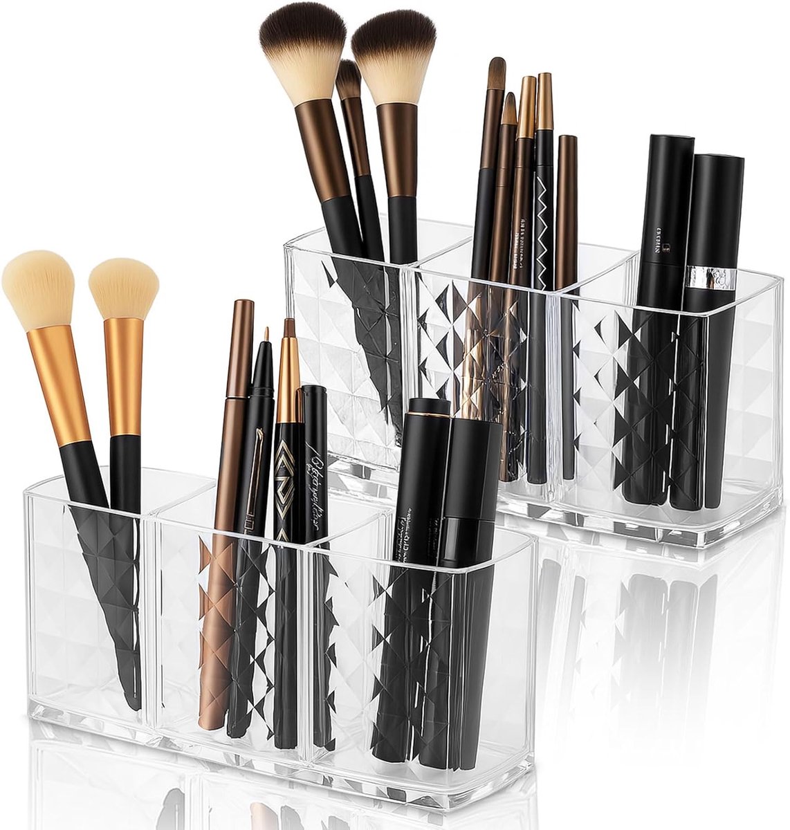 Cosmetic Organiser Set of 2 Acrylic Brush Holders, 3 Compartments, Crystal Makeup Brush Holder, Transparent Makeup - ShopVlot