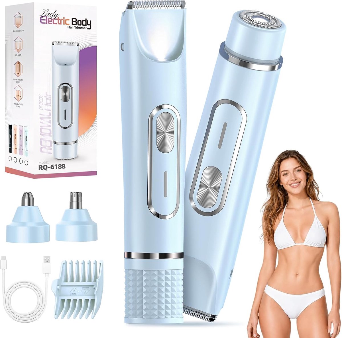 JTF Elektrisch scheerapparaat voor dames, 4-in-1 dubbele kop, intiem scheerapparaat (blauw) - ShopVlot