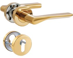Golden door handle set matt brushed door handle for front door and interior door L-shape PZ-Profilzylinder, round - ShopVlot