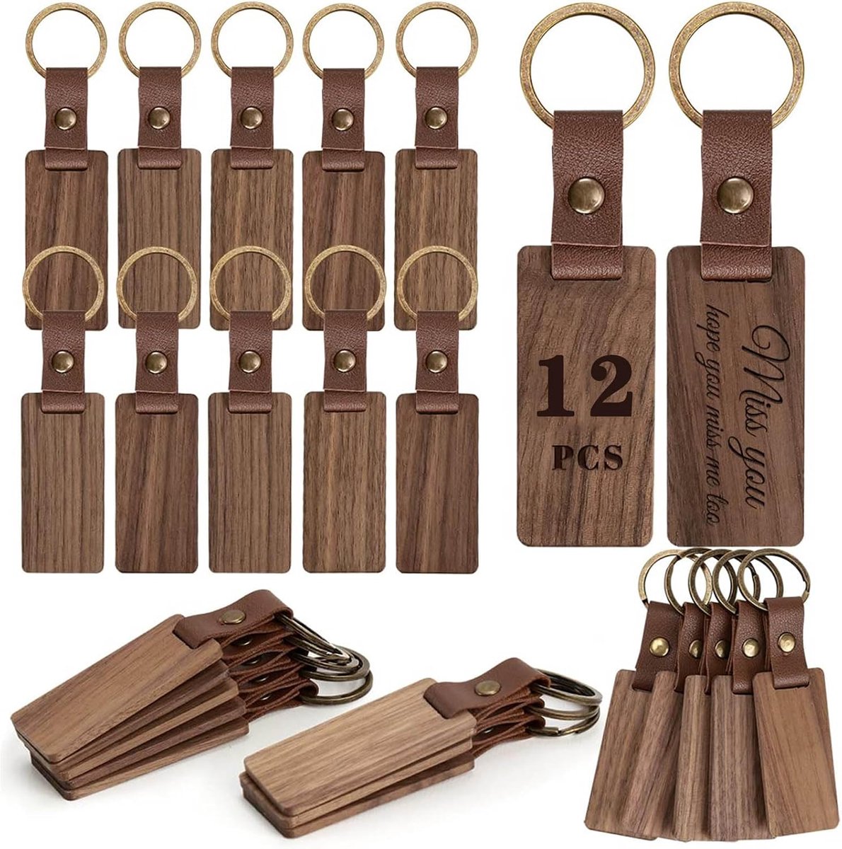 12 pieces keychains wood, white - ShopVlot