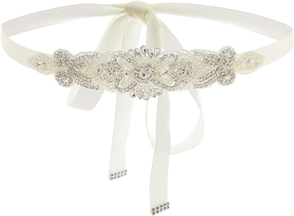 IYOU Sparkling Crystal Bridal Belt Silver Pearl Rhinestone Sash Belt Luxurious Ivory Ribbon Wedding Dress Belt for - ShopVlot