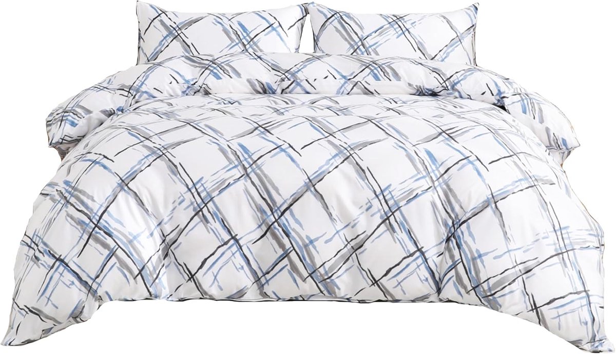 Beddengoedset, 100% polyester, beddengoed met praktische ritssluiting, wit/blauw, vierkant patroon, 1 x dekbedovertrek - ShopVlot