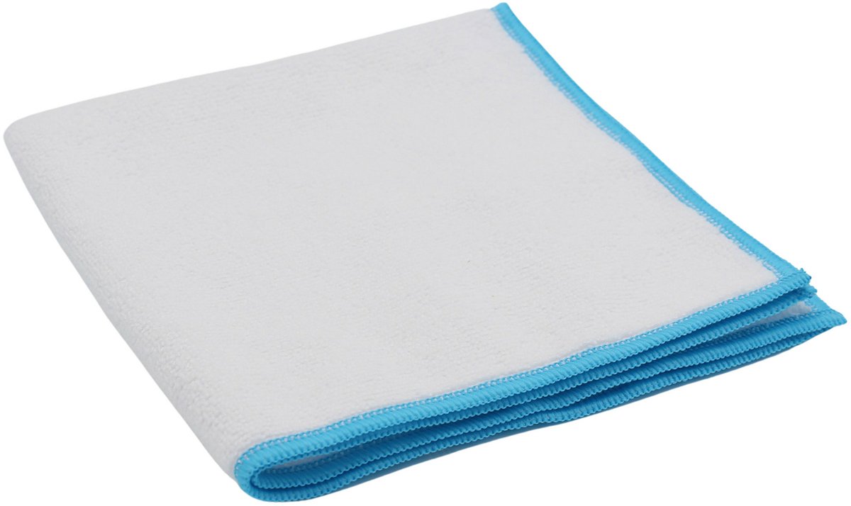 Microvezeldoek Gerecycled ChiaMo.nl Wit met Blauwe Rand 38 x 38 cm – 5 stuks (83% rPET)