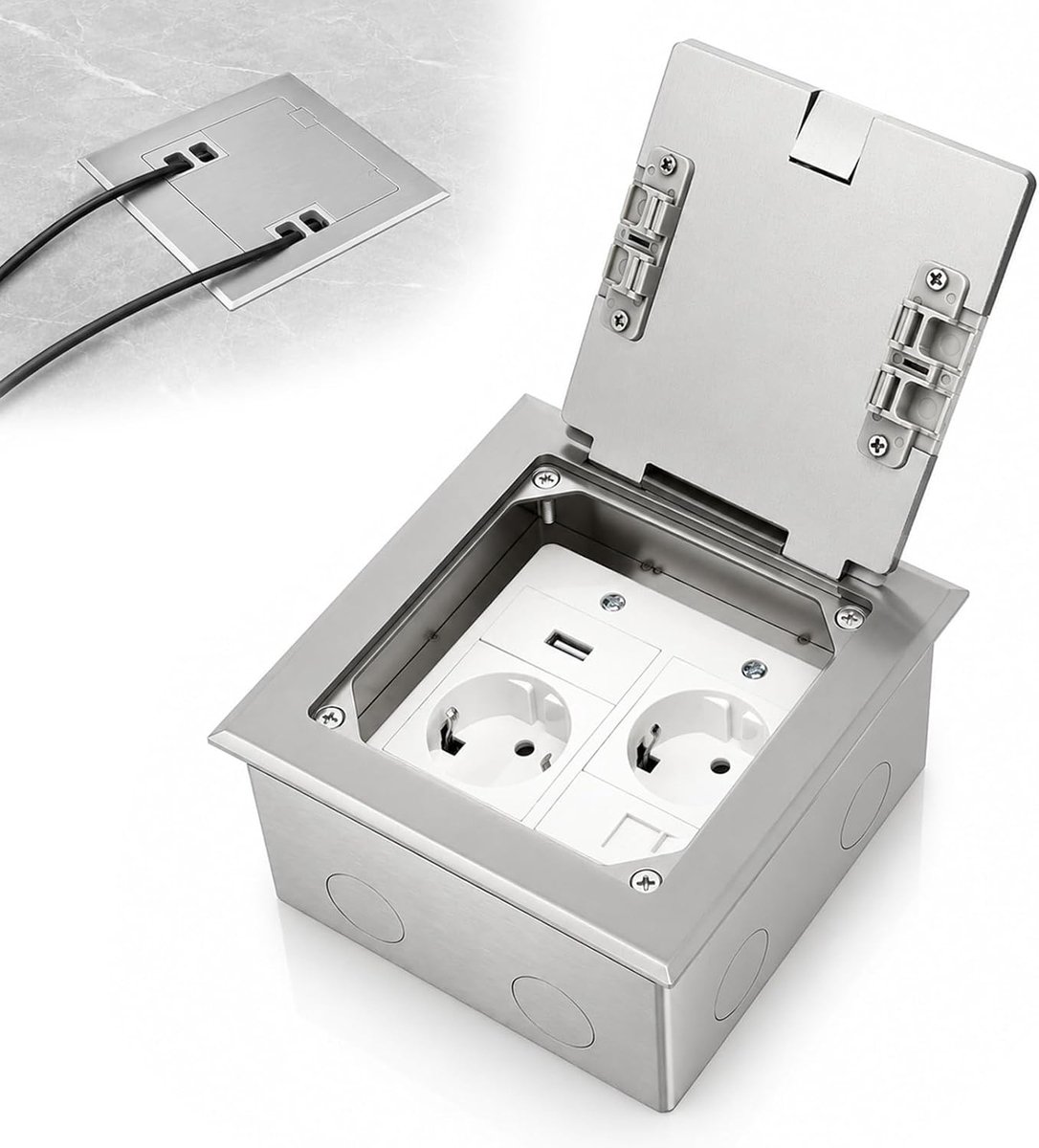 Inbouwstopcontact van roestvrij staal met 2 AC-stopcontacten, 1 USB en 1 RJ45, waterdicht vloerstopcontact voor binnen - ShopVlot
