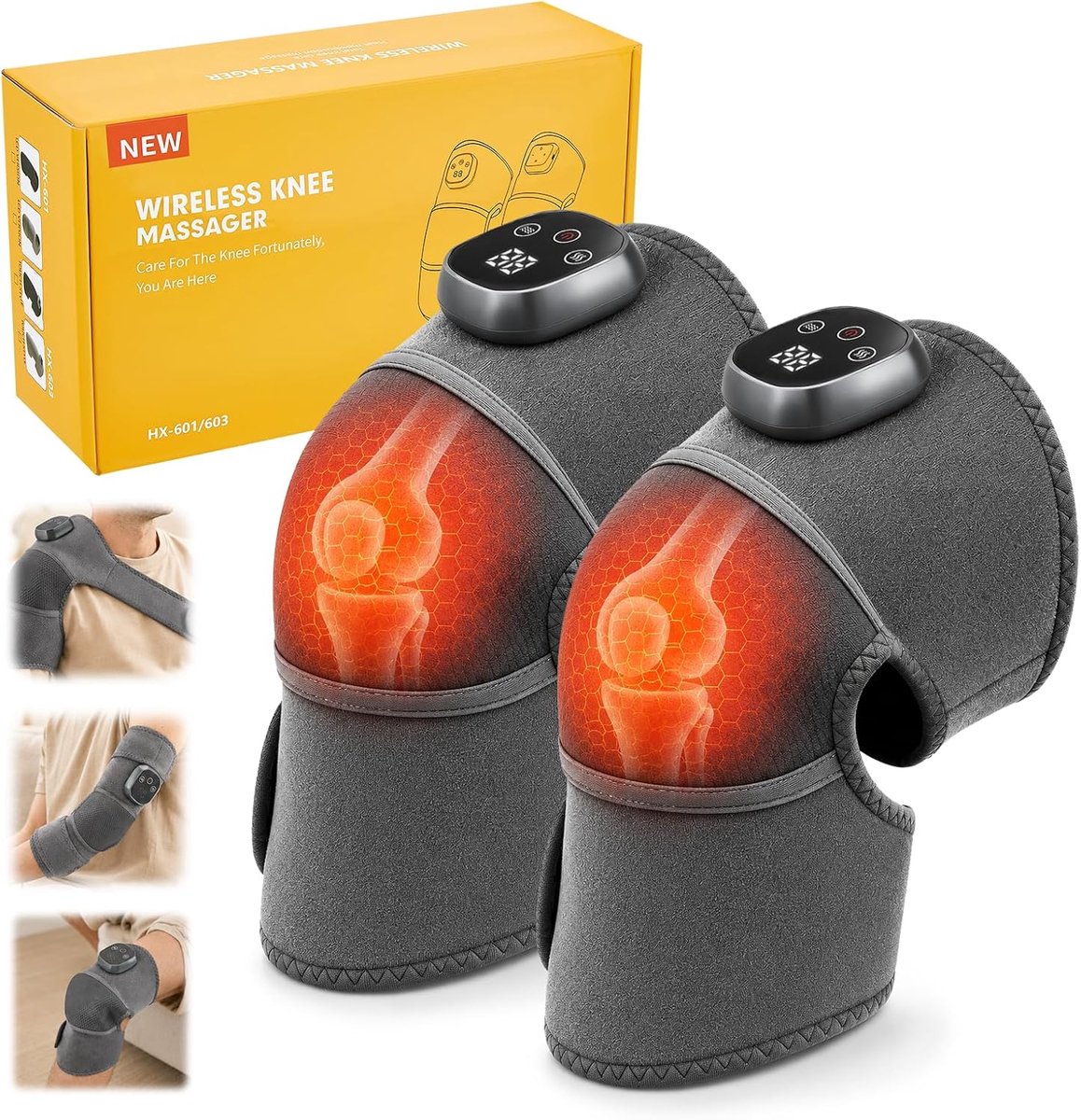 Verwarmde kniebandage, draadloos, draagbaar kniemassageapparaat met touchscreen-bediening, 4 warmtestanden 45-65 °C, 3 - ShopVlot