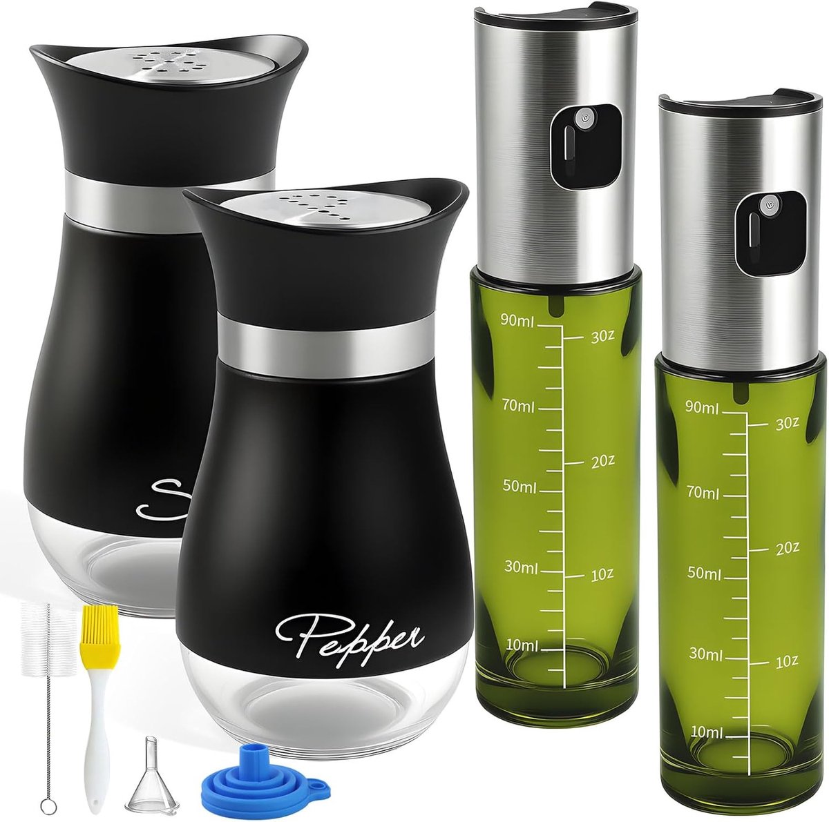 4 stuks oliesproeiers spijsolie zout en peper strooier set, 120 ml kruidenstrooier 100 ml oliesproeier met trechter - ShopVlot