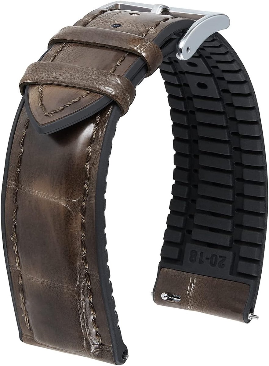 BINLUN Leather Watchband 14mm 16mm 18mm 19mm 20mm 21mm 22mm Alligator Pattern Leather and Silicone Hybrid Watchbands - ShopVlot