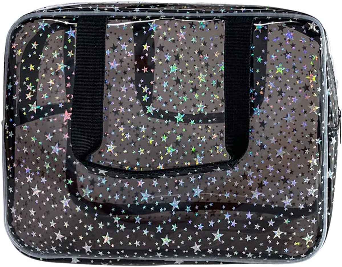 Black Star Pattern PVC Waterproof Handbag, Cosmetic Bag, 11.7 x 5 x 8.5 cm (B025-284-16), Black with Holographic - ShopVlot