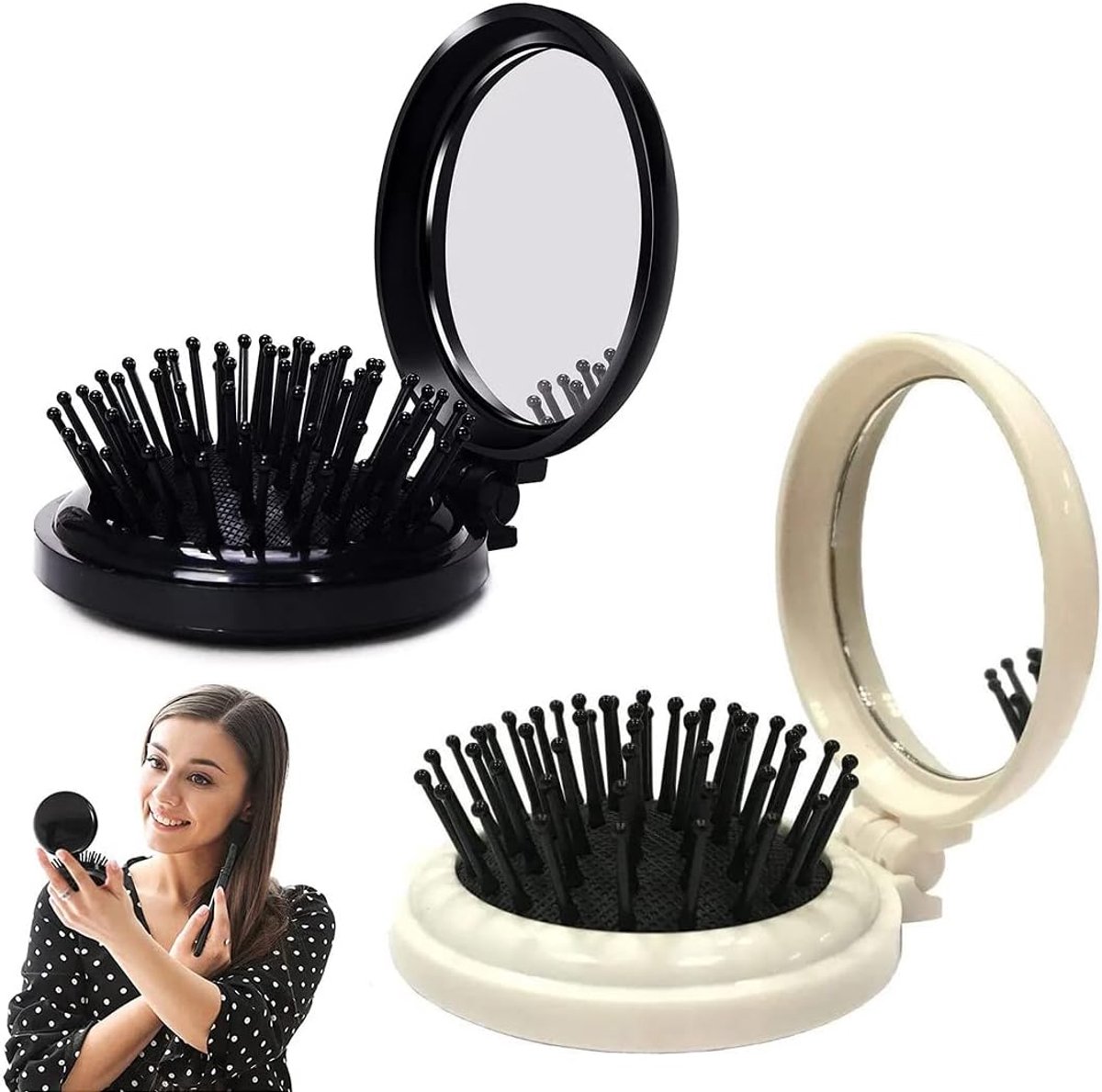 LICHUAN Foldable Hair Brushes with Travel Mirror, Round Portable Folding Bag, Hair Brush, Mini Hair Comb, Compact - ShopVlot