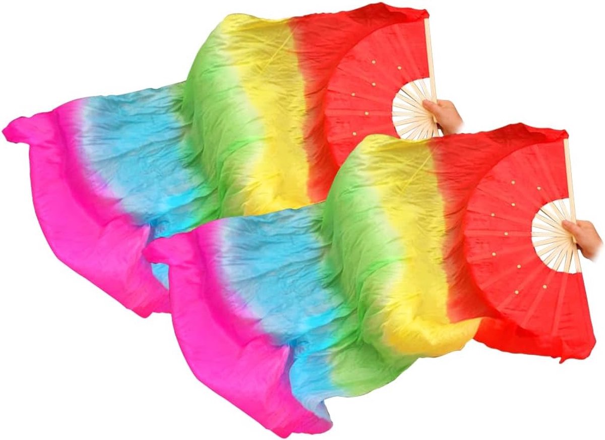 1 Pair of Silk Belly Dance Fans, Belly Dance Veil, 180 cm Silk Fan Veil Dance Fans Belly Dance Fan Bamboo Fans Satin - ShopVlot