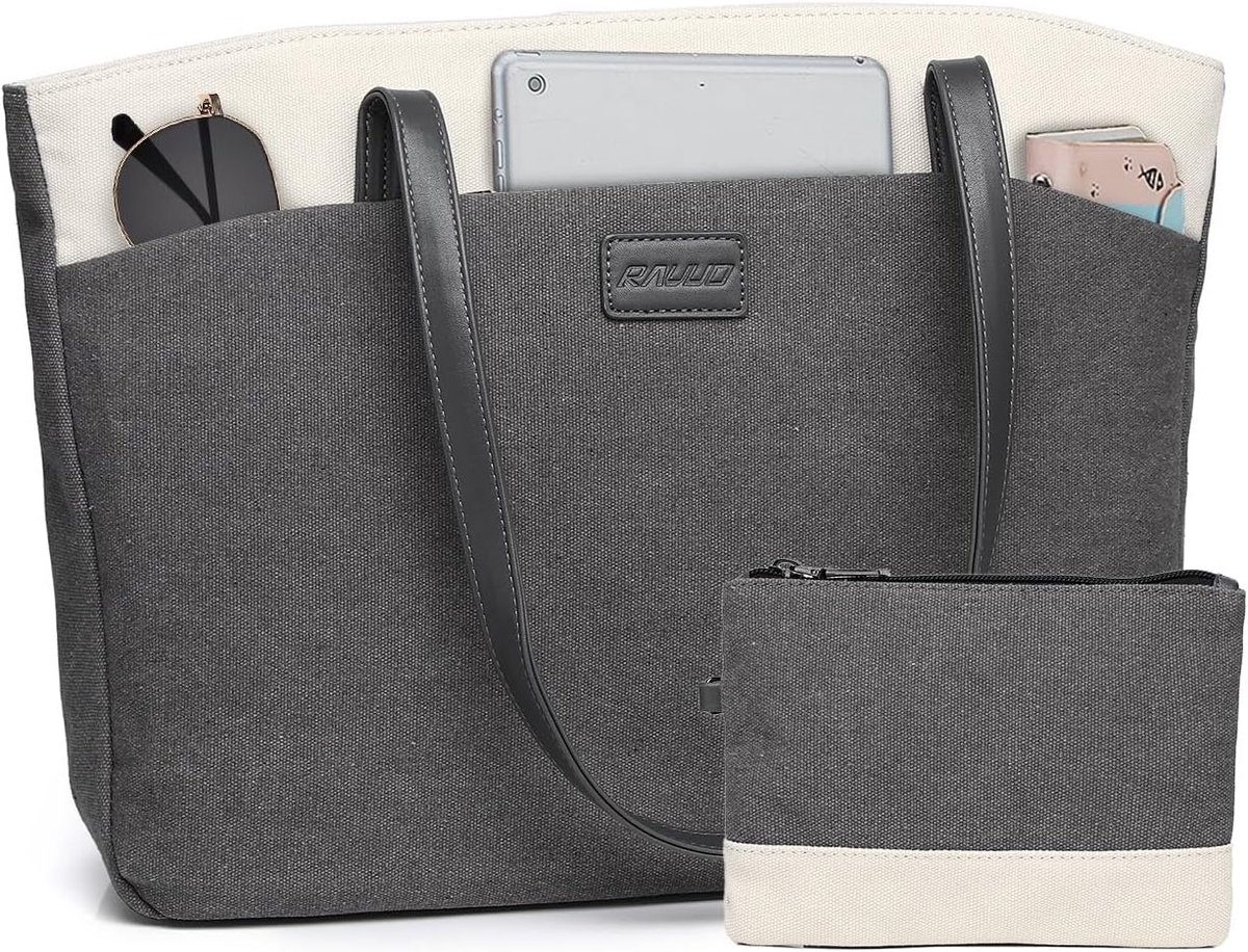 RAVUO Laptop Tote Bag for Women, Water Resistant 15.6 Inch Canvas Computer Handbag Work Business Ladies Purse Teacher - ShopVlot