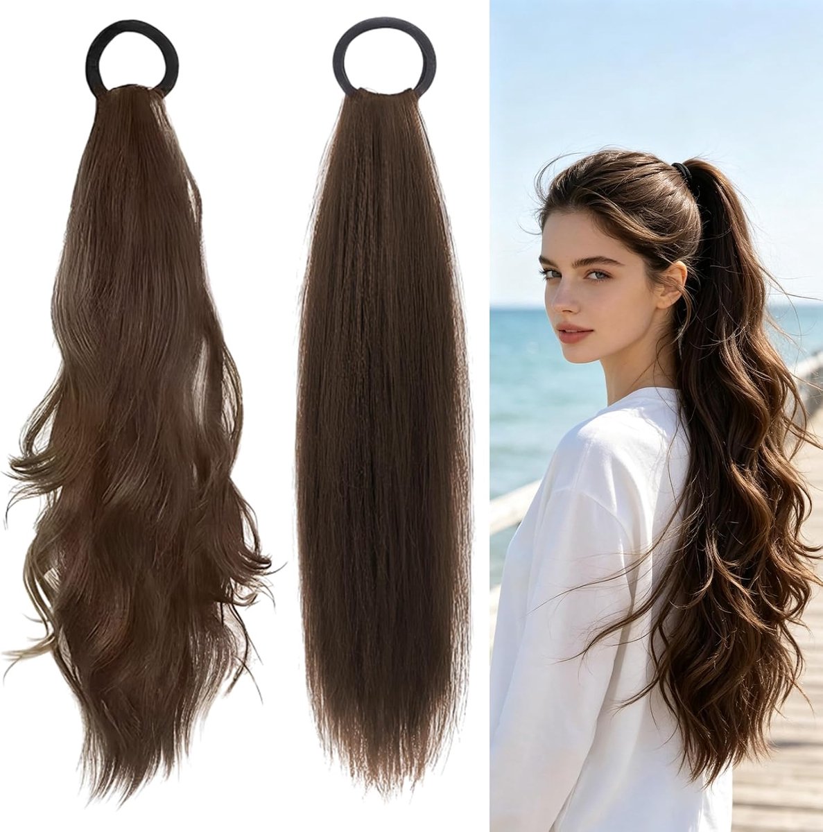 2 stuks haarverlenging, vlecht, donkerbruin, paardenstaart, haarstukje, echt haar, 45 cm, paardenstaart-extension met - ShopVlot