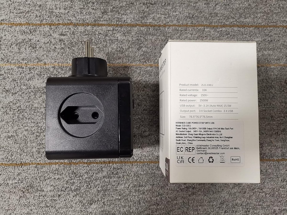 Plug cube without cable, 3-way multiple plug, multiple socket strip without cable with 2 USB-A and 1 type C (5 V/3.1 - ShopVlot