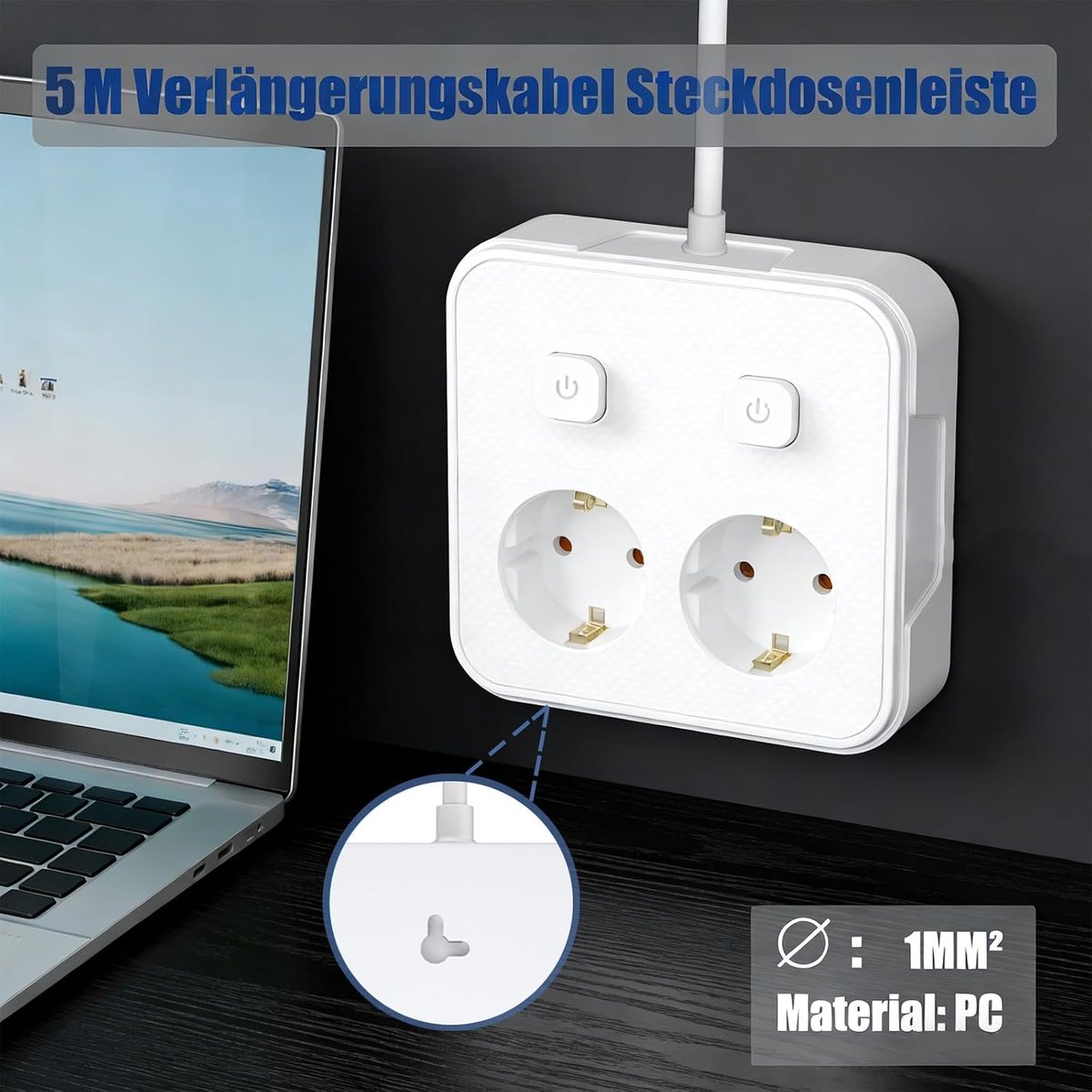 Stekkerdoos afzonderlijk schakelbaar, AOUOO 2-voudige meervoudige stekker met verlengkabel 5M, max. 250 V / 16A - ShopVlot