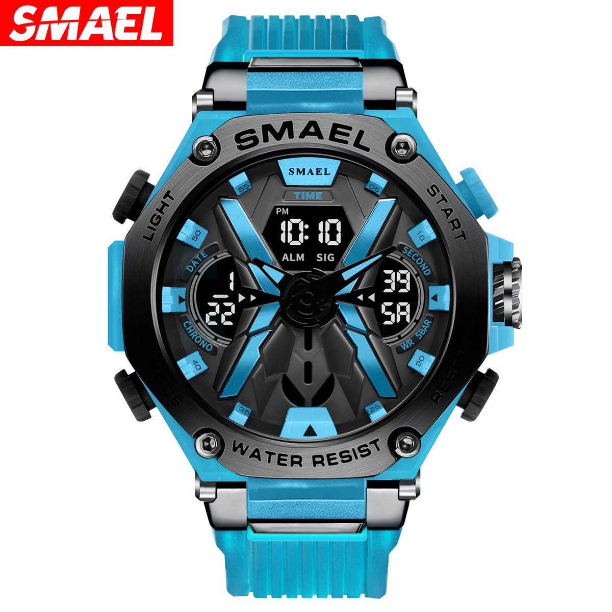 SMAEL 8087 herenhorloge lichtblauw styl Sporthorloge Alarm cronometer 50m Waterdicht Stootvast Digitaal Quartz Dubbel Display met ledlicht