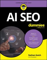 Boekomslag 'AI SEO for Dummies' met gele accenten en een illustratie van AI-concepten, waaronder zoekopdrachten en content.