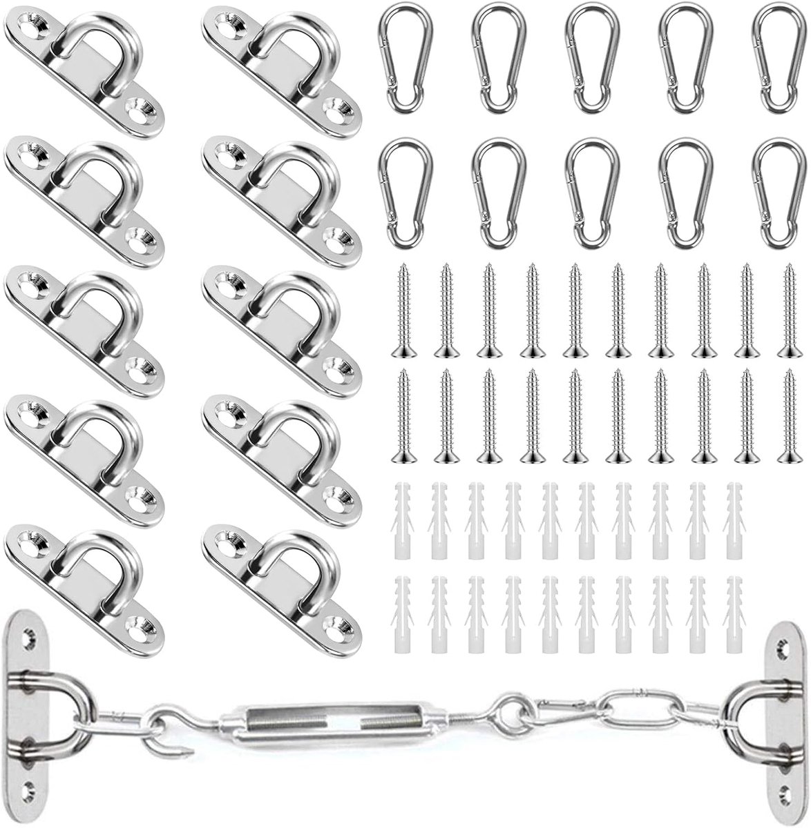 Carabiners en oogplaten set - roestvrij staal - 10 stuks - ideaal voor zeilen en camping - ShopVlot