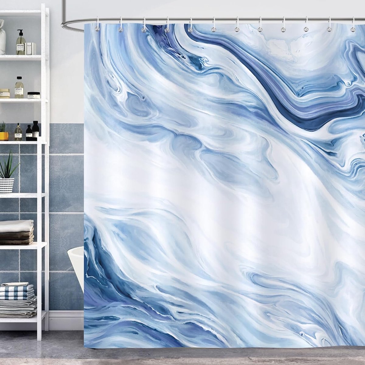 Douchegordijn 180x180cm - abstract blauw marmer - waterdicht polyester - modern badkamerdecor - ShopVlot