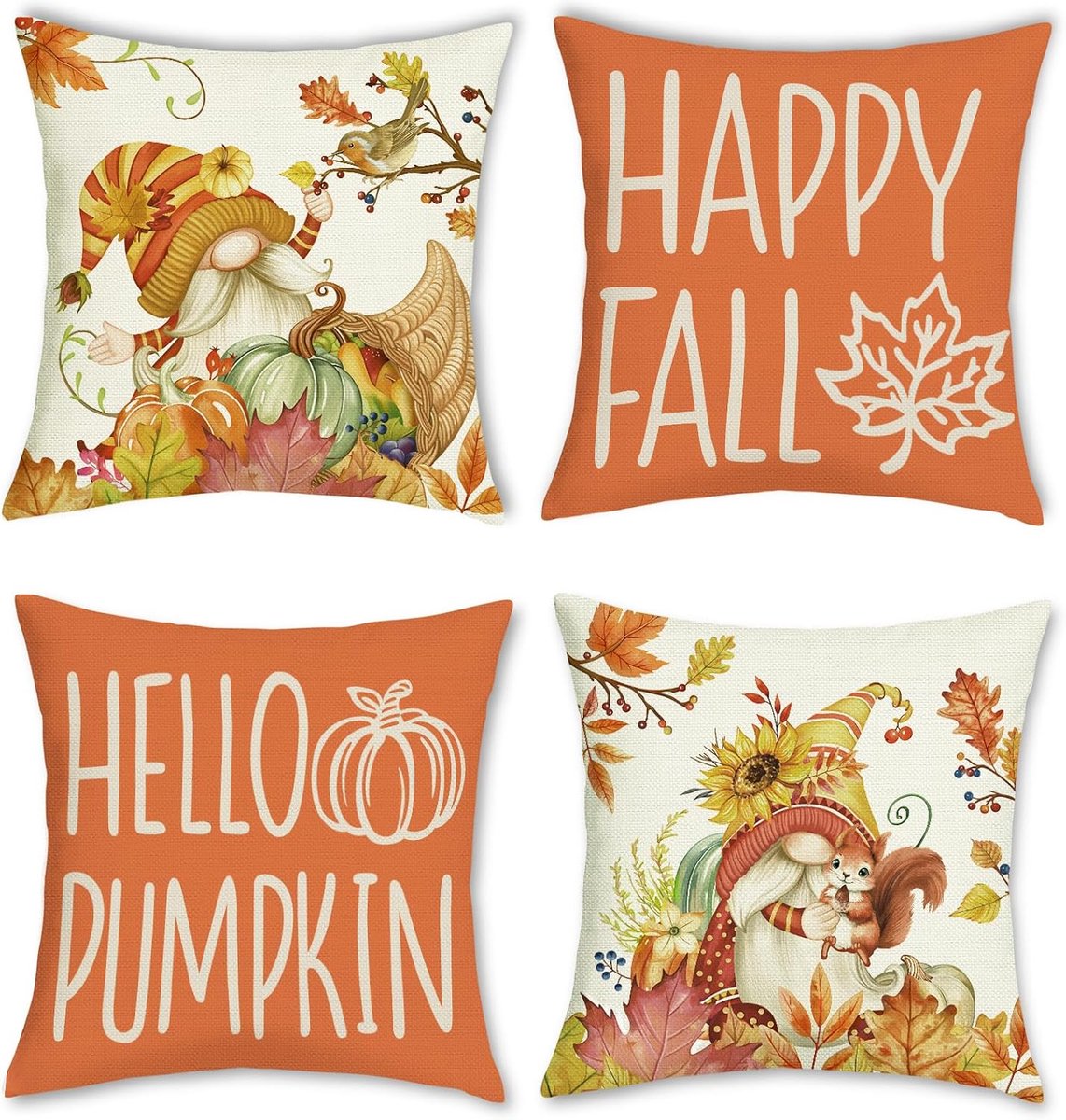 Cushion Covers 45x45cm - Polyester Linnen - Herfstdesign met Gnoom en Pompoenen - Perfect voor Sofa of Bed - ShopVlot