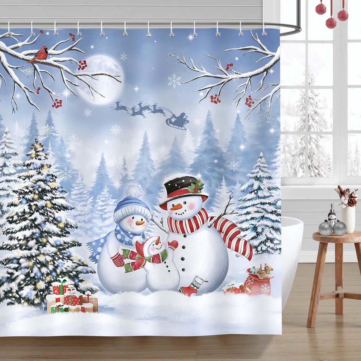 Douchegordijn Kerstman 180 x 180 cm - Waterdicht Polyester - Schattige sneeuwpoppen - Creëer een winterse sfeer - ShopVlot