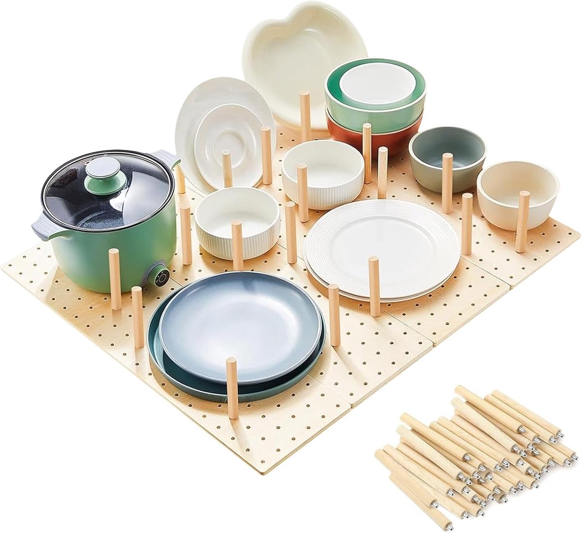 Houten pegboard lade-organizer - 4 delen - systeem met 32 stokken - ideaal voor keukenopslag - ShopVlot