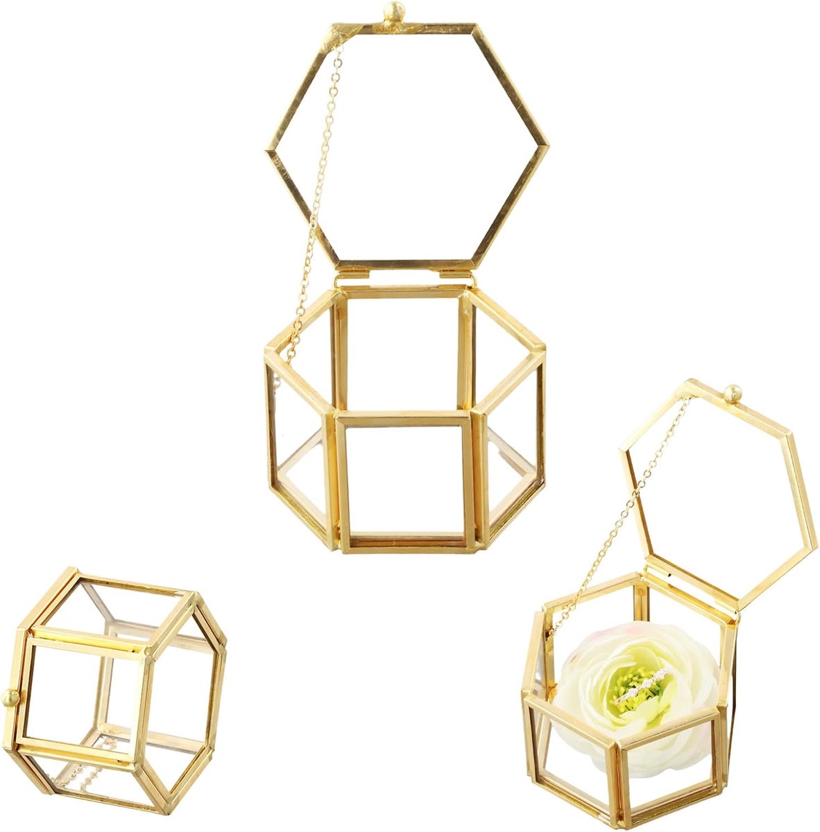 Sieradendoos glazen - geometrisch zeshoekig - goud messing - perfect voor het opbergen van sieraden - ShopVlot