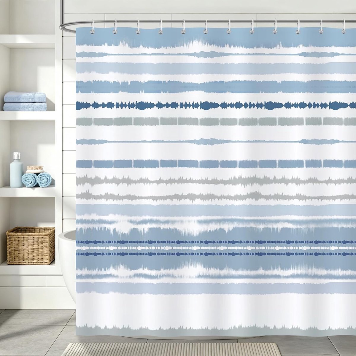 Douchegordijn 180 x 180 cm - Blauwgrijs gestreept - Waterdicht polyester - Minimalistische kustsfeer - ShopVlot