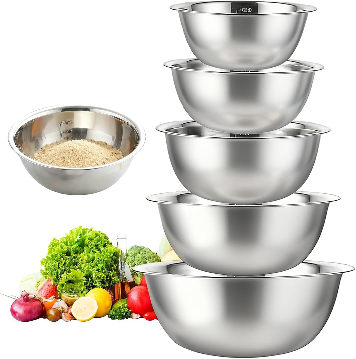 RVS mengkommen set van 5 - 0.5 l/0.9 l/1.6 l/2.05 l/2.6 l - roestvrij staal - perfect voor sauzen en snacks - ShopVlot