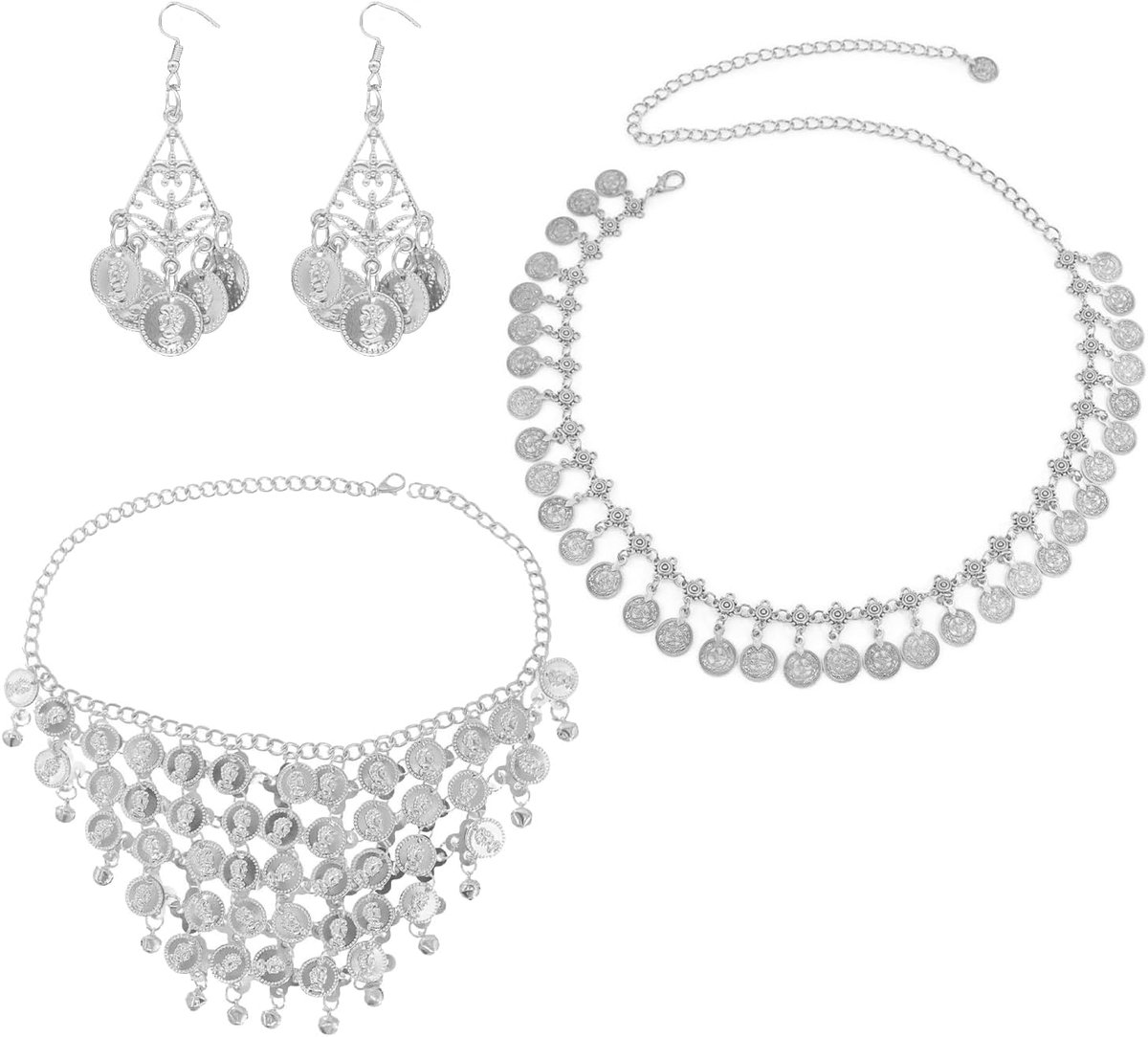 Egyptisch kostuumaccessoires set - zilveren haarspelden en ketting - voor Cleopatra feesten - ShopVlot