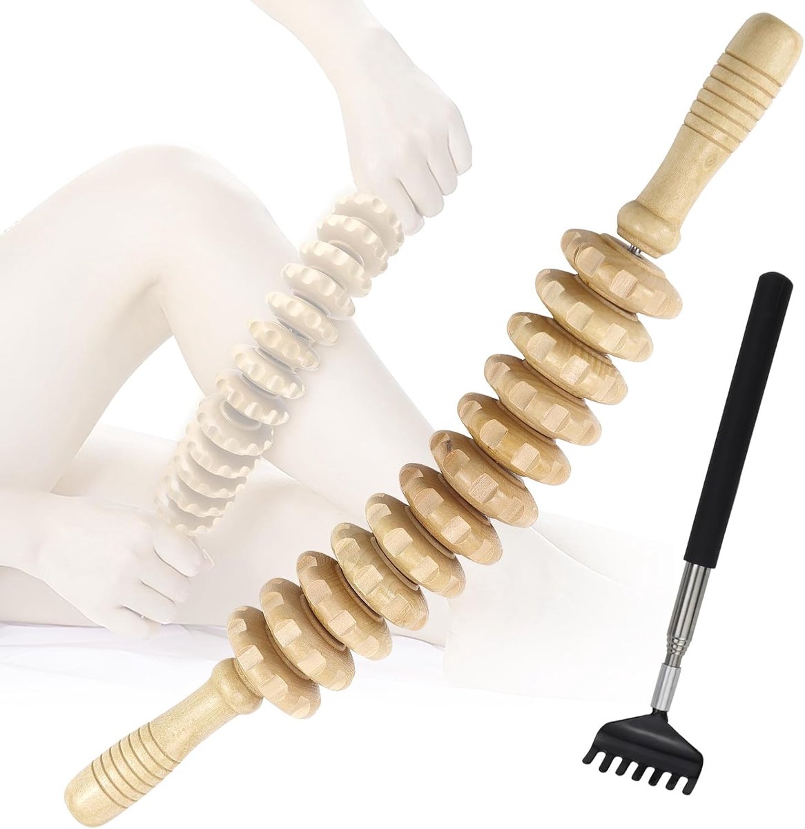 Fasciabal massageroller - hout met handvat - uittrekbaar - ideaal voor rug en benen - ShopVlot