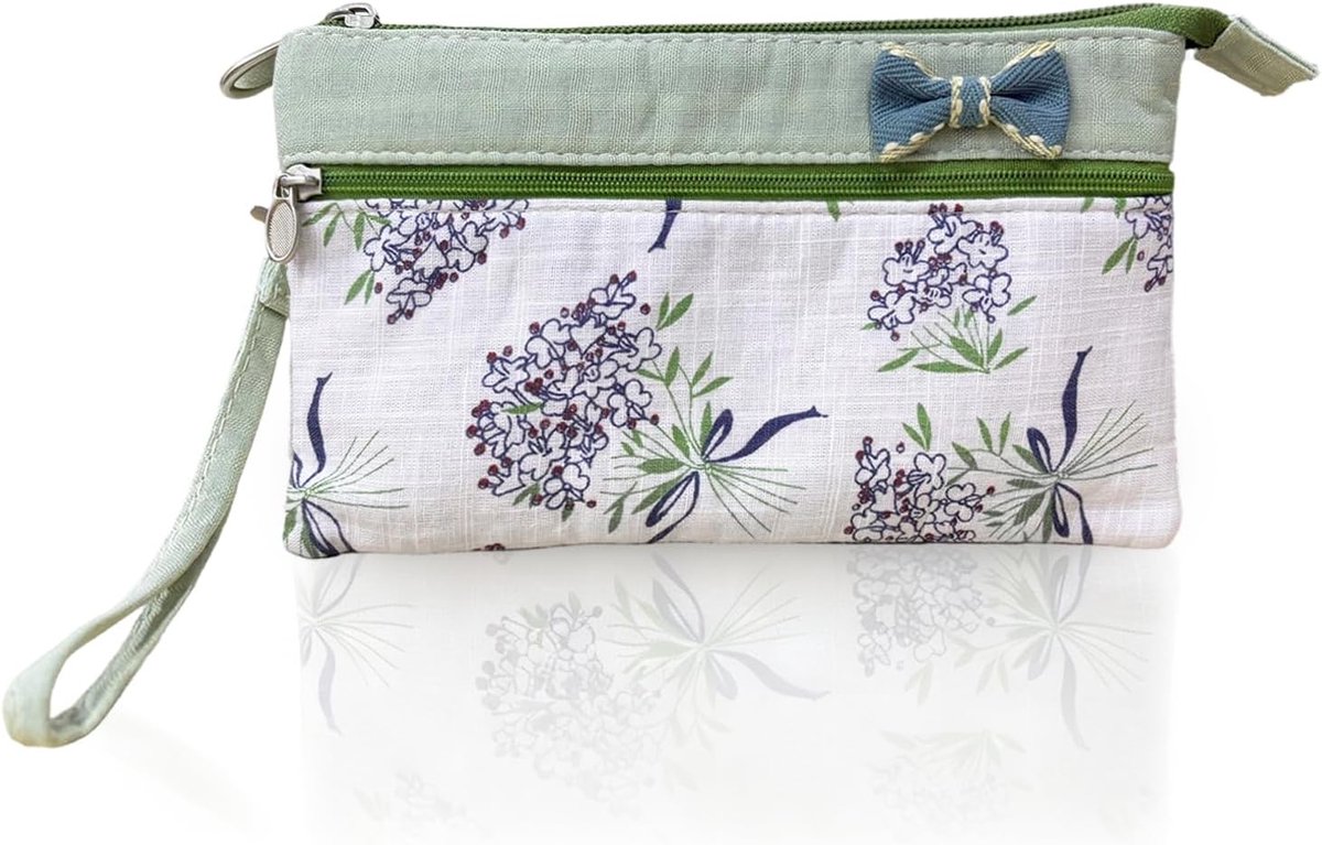 Portemonnee dames 19 x 12 x 2,5 cm - bloemenpatroon groen - met polsband - overzichtelijke organisatie - ShopVlot