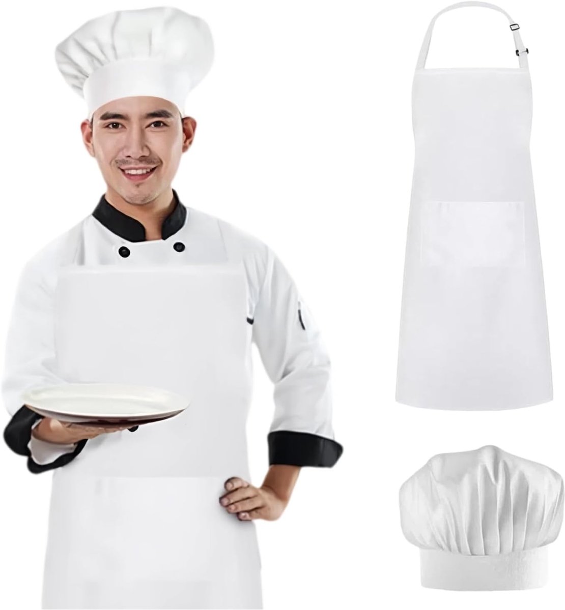 Verstelbare koksmuts, witte kookschort, set met schort en koksmuts, schort met zakken, geschikt voor barbecue, keuken - ShopVlot